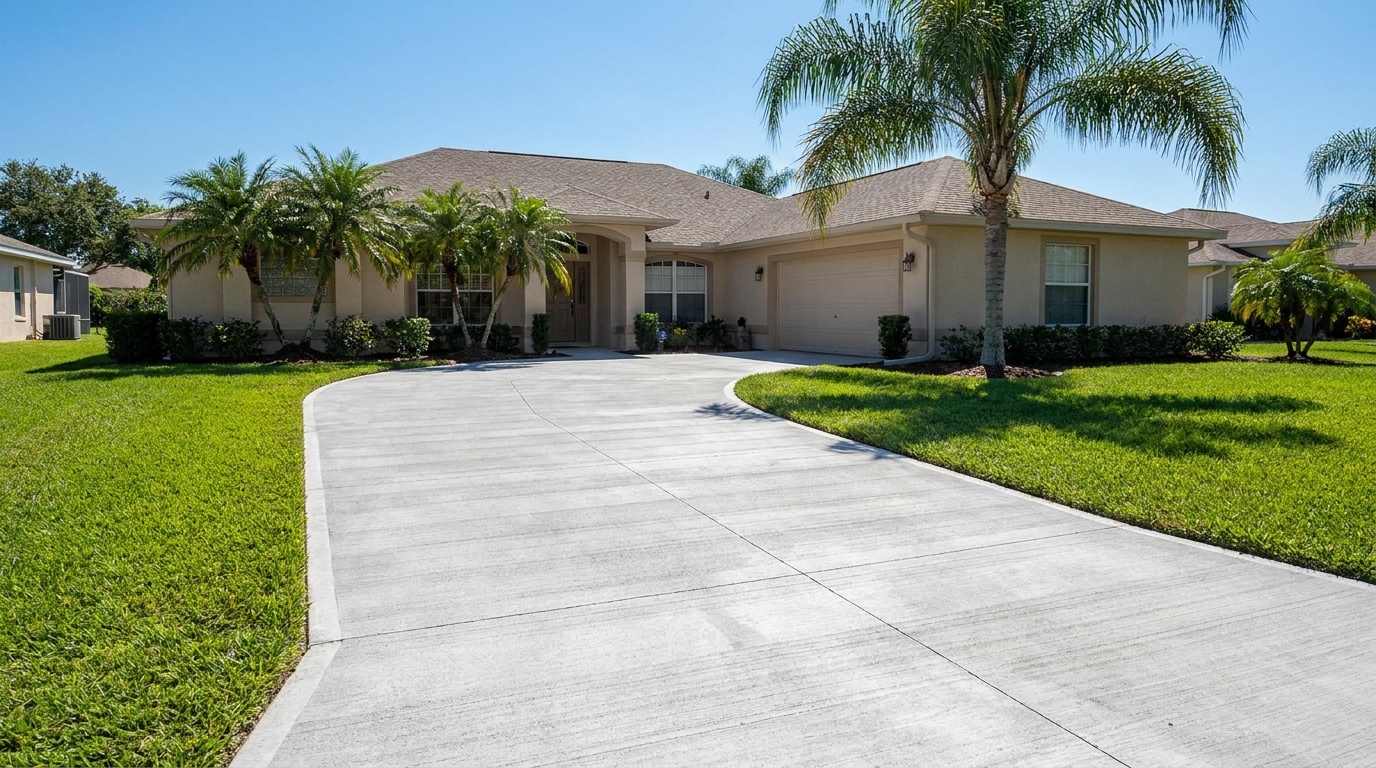 Finished broom-finish concrete driveway in Winter Haven, Florida