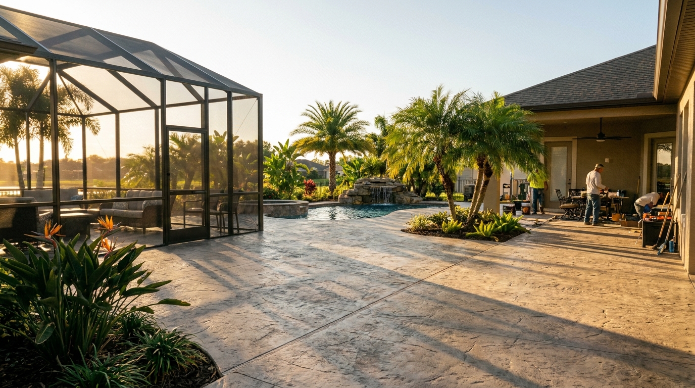 Stamped concrete backyard patio at a Winter Haven Polk County home