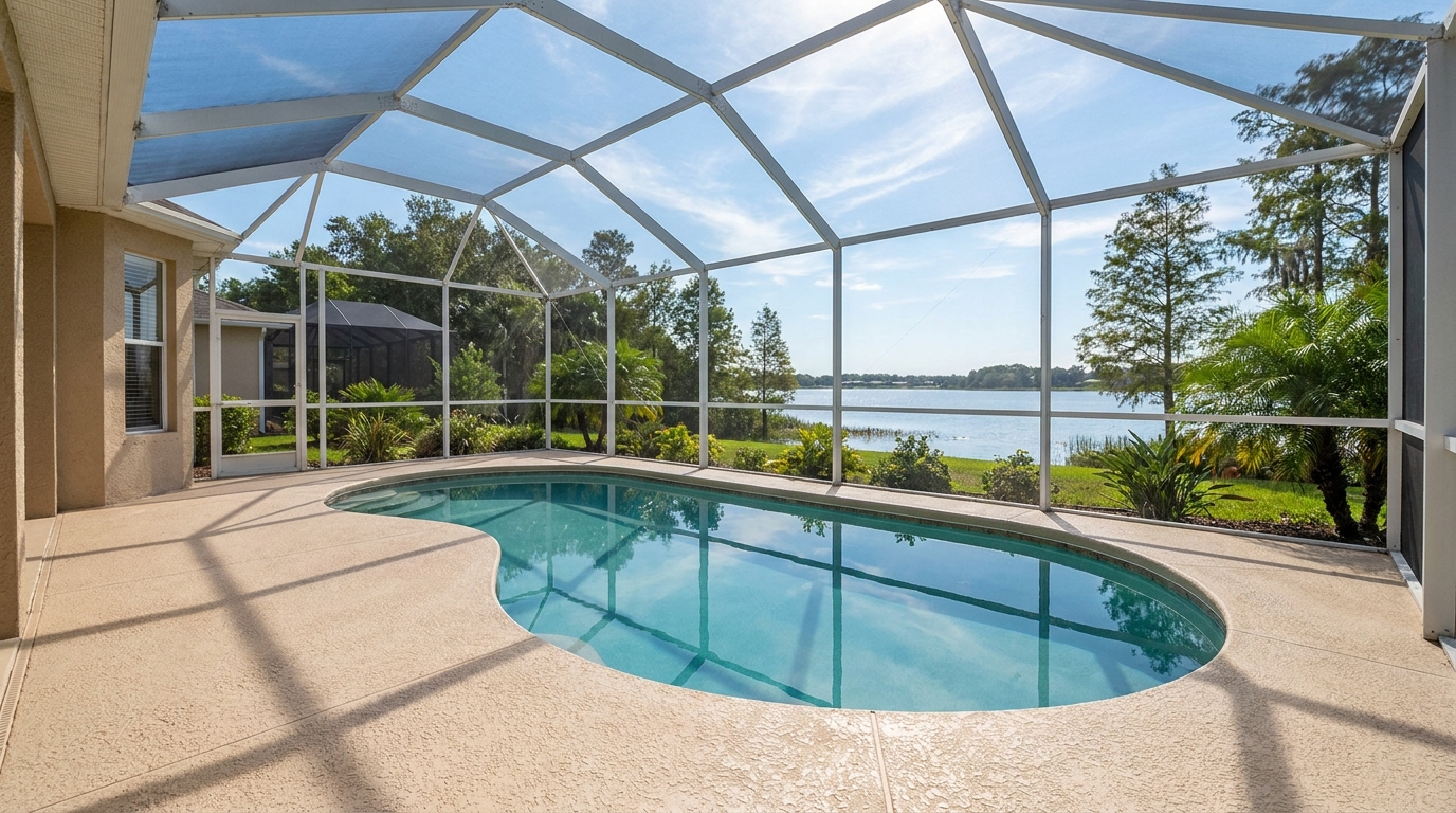 Concrete pool deck around an in-ground pool at a Winter Haven home
