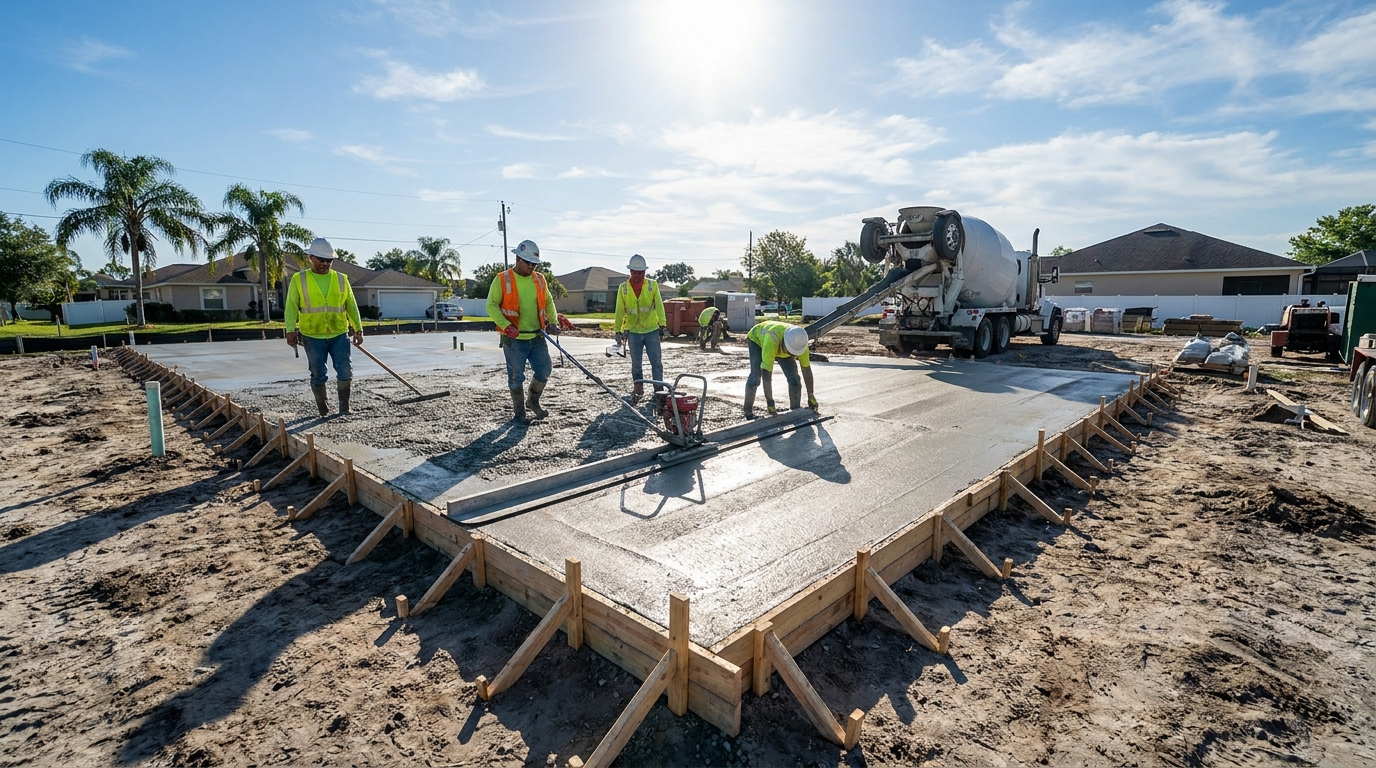 Reinforced concrete slab pour for a Winter Haven garage and shed pad