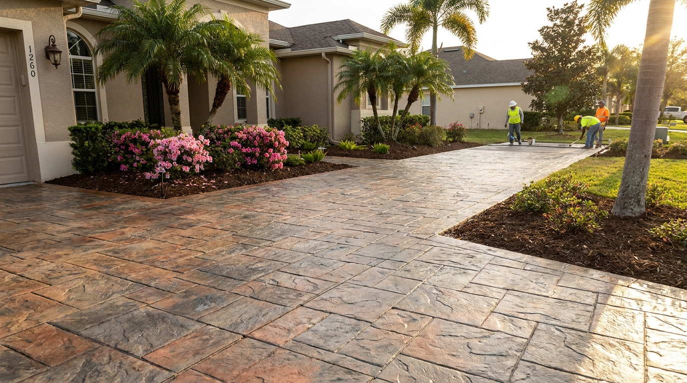 Decorative slate-pattern stamped concrete driveway in Winter Haven, FL