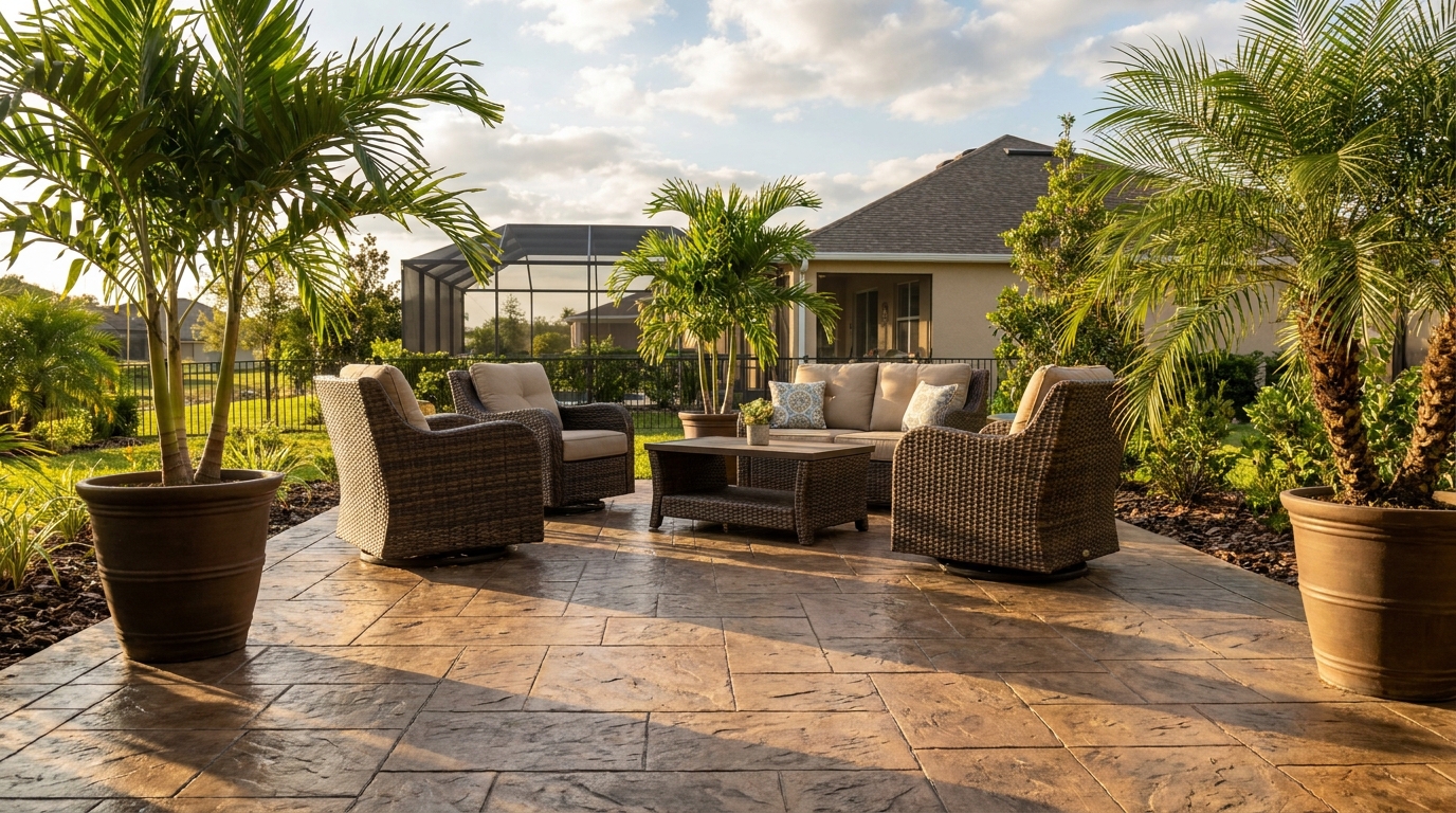 Stamped concrete backyard patio at a Polk County home