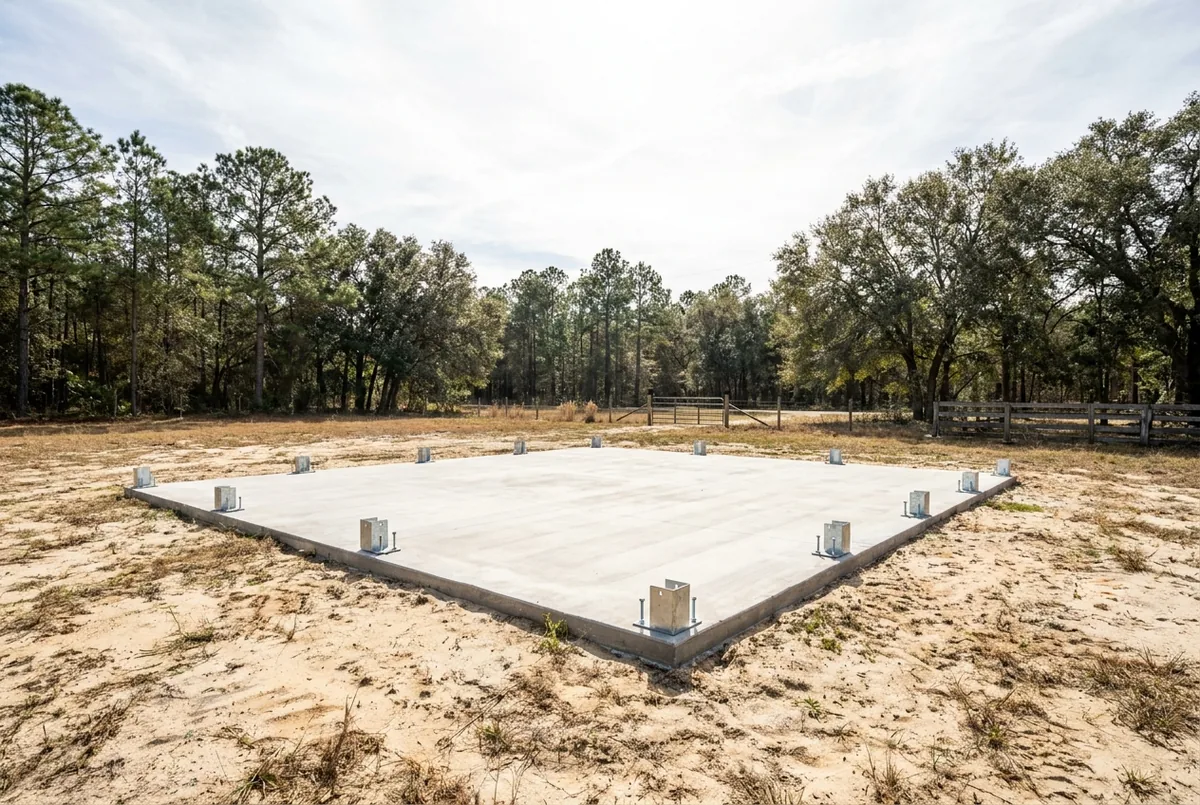 Pole barn concrete slab with anchor brackets in Winter Haven