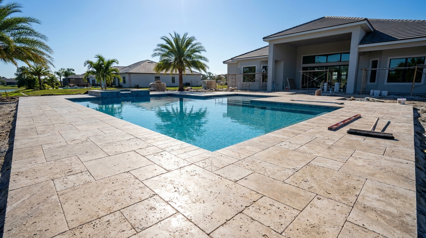 Slip-resistant stamped concrete pool deck at a Winter Haven lakefront home