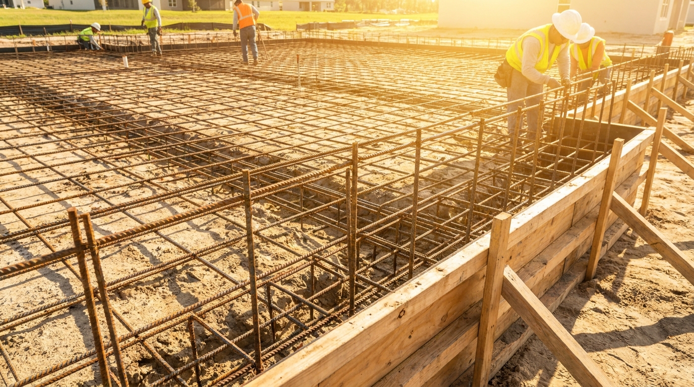 Rebar grid set on a residential concrete slab in Winter Haven