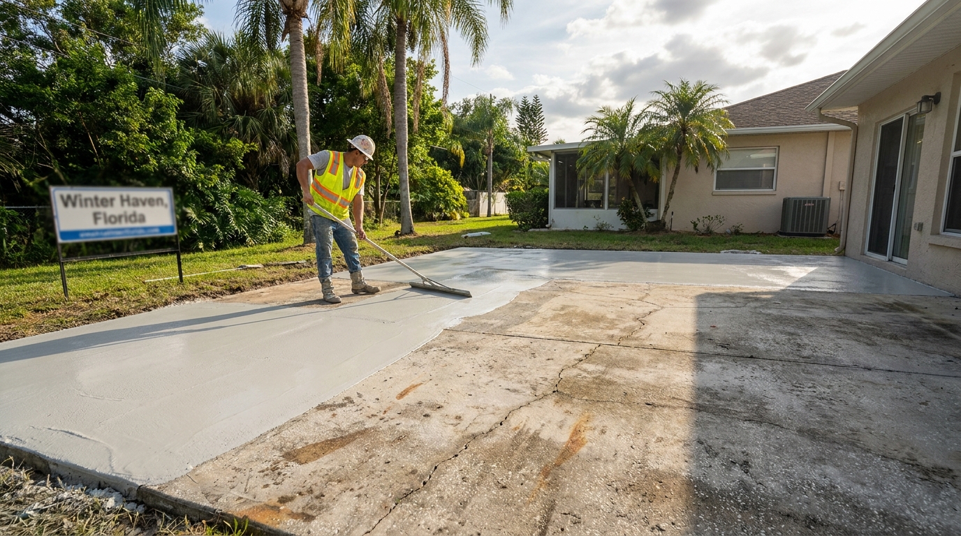 Concrete overlay resurfacing being applied over a worn driveway in Winter Haven