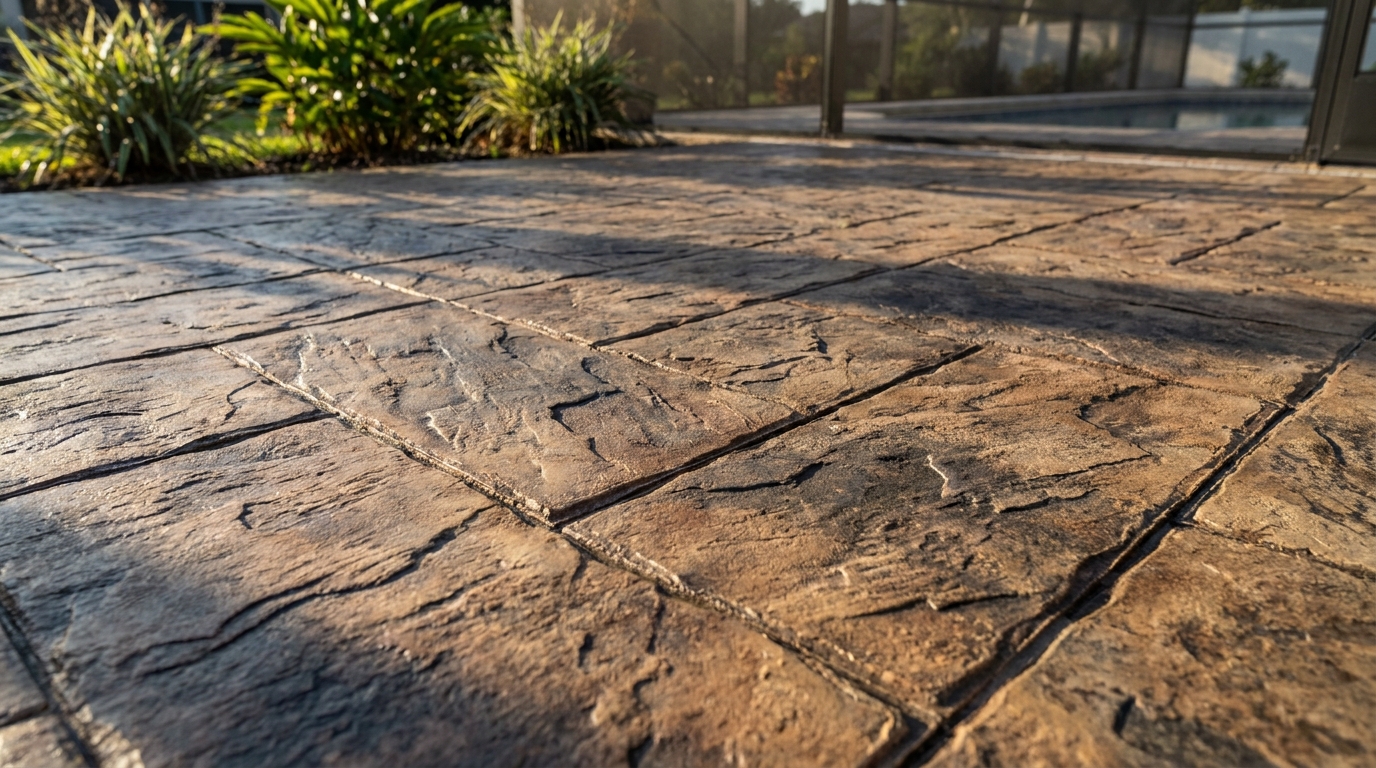 Close-up of slate-pattern stamped concrete in earth tones