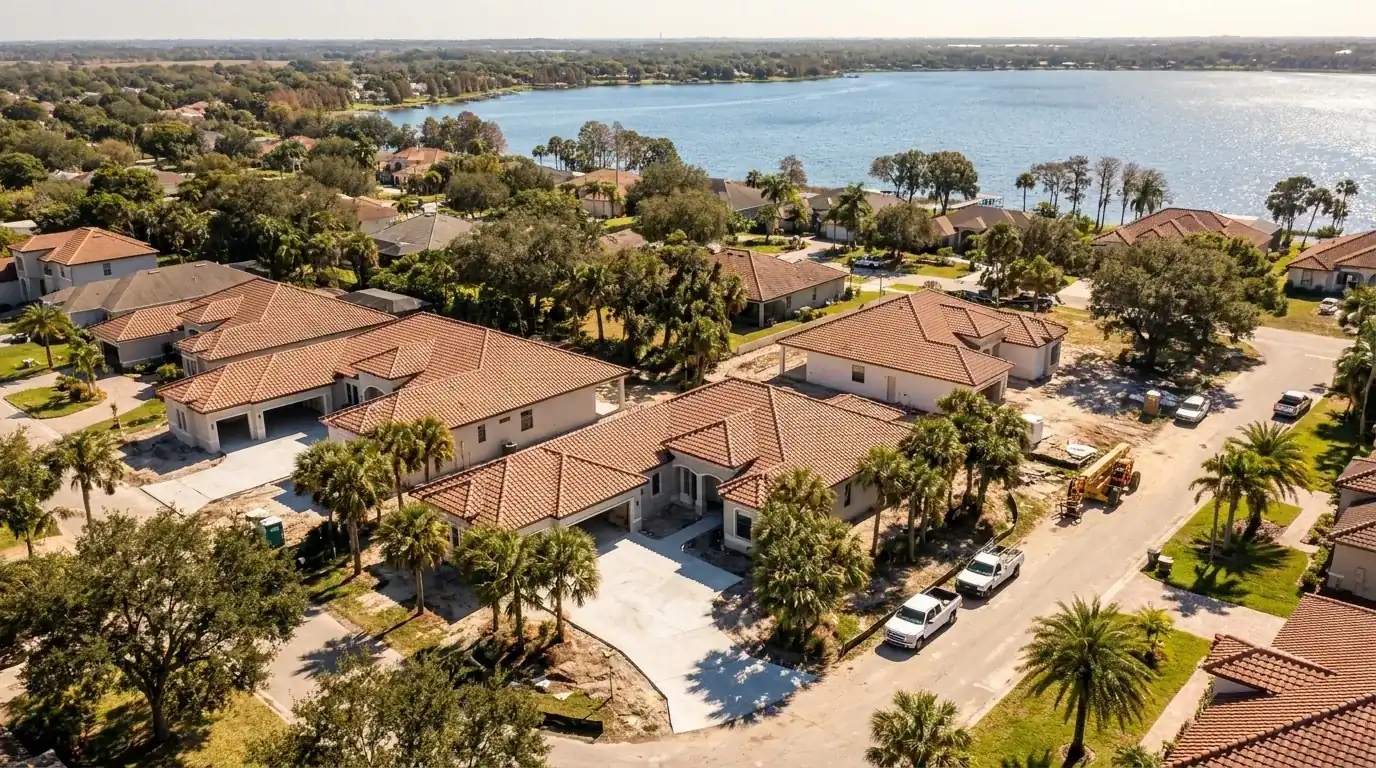 Aerial view of lakefront homes and streets in a Central Florida chain-of-lakes neighborhood