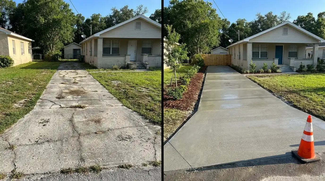 Before and after view of a cracked old driveway replaced with new broom-finish concrete