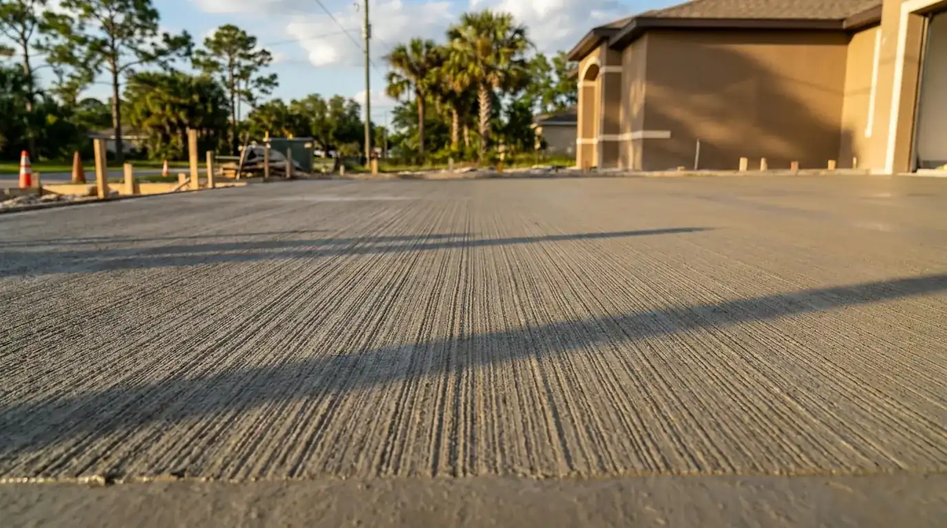 Close view of the broom-finish texture on a freshly finished concrete driveway