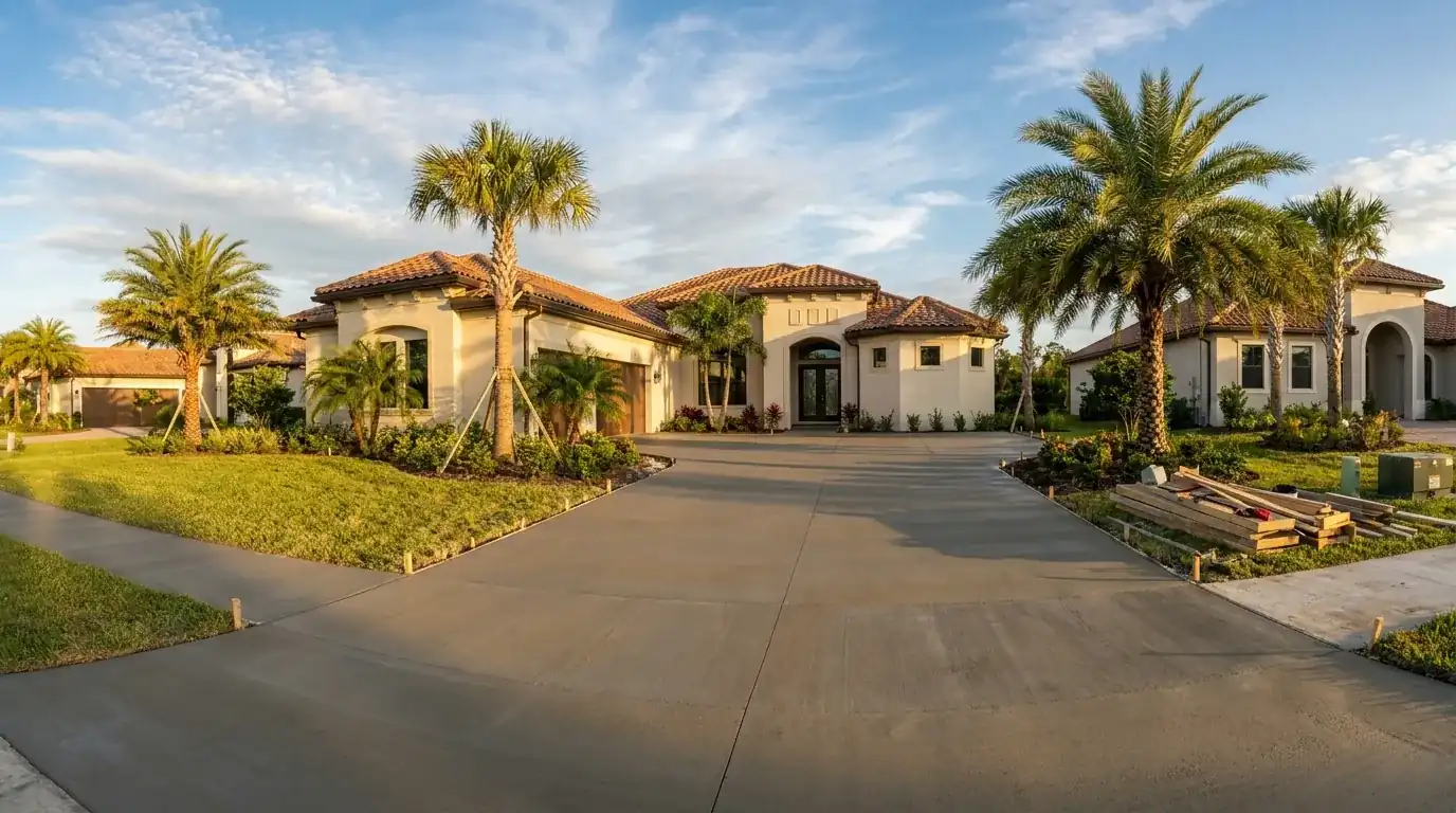 Concrete crew finishing a wide residential driveway in front of Mediterranean-style Florida homes