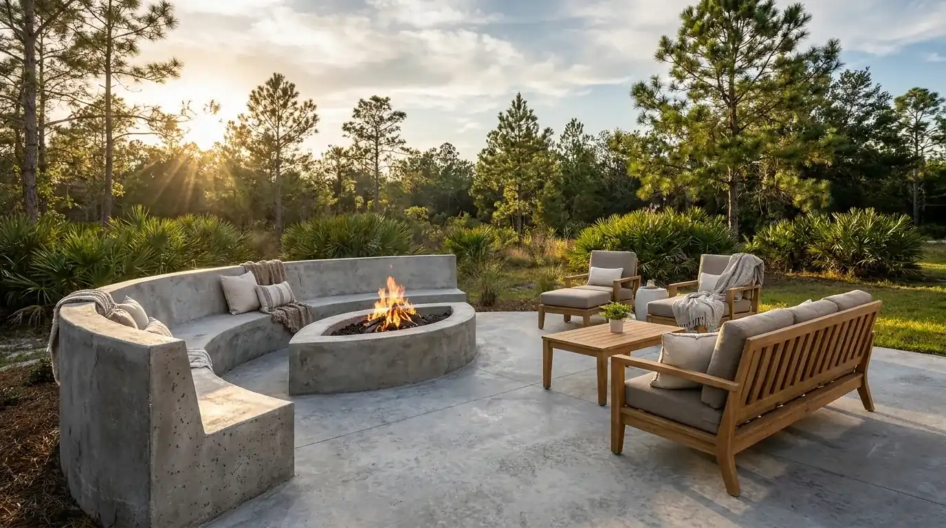 Concrete patio with a built-in round fire pit and outdoor seating at dusk