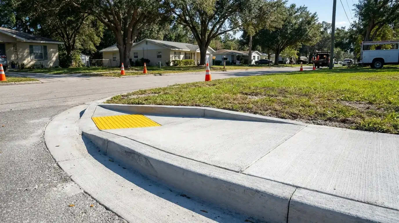 Concrete sidewalk curb ramp with a yellow detectable warning pad at a street corner