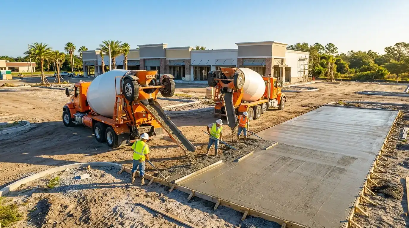 Crew placing a large commercial concrete slab while two ready-mix trucks discharge