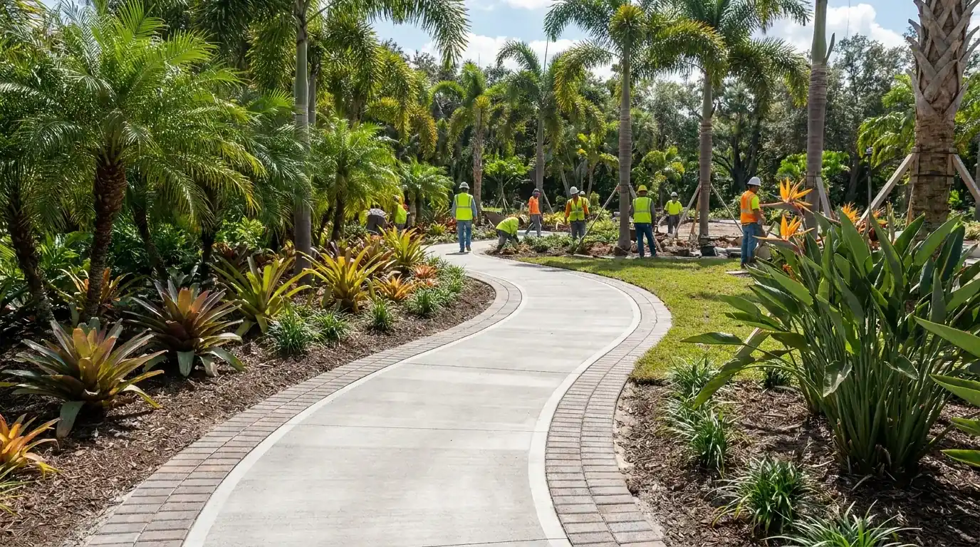 Curved concrete garden walkway lined with tropical plants and palms
