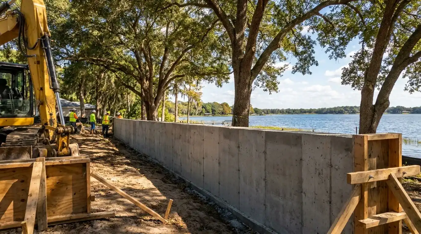 Excavator and forms for a poured concrete retaining wall along a lakefront yard