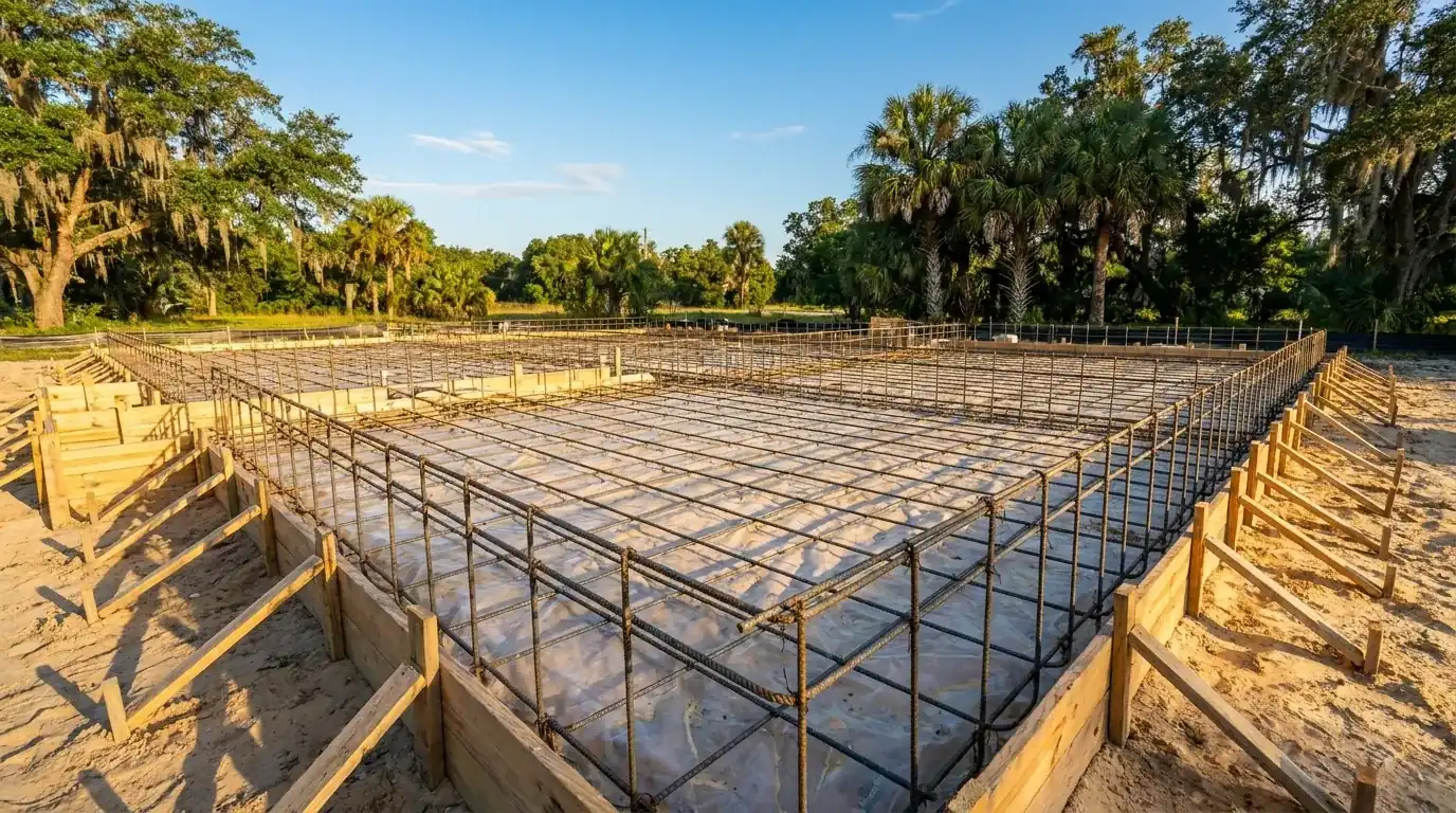 Formed monolithic slab foundation with rebar and thickened edges ready for the concrete pour