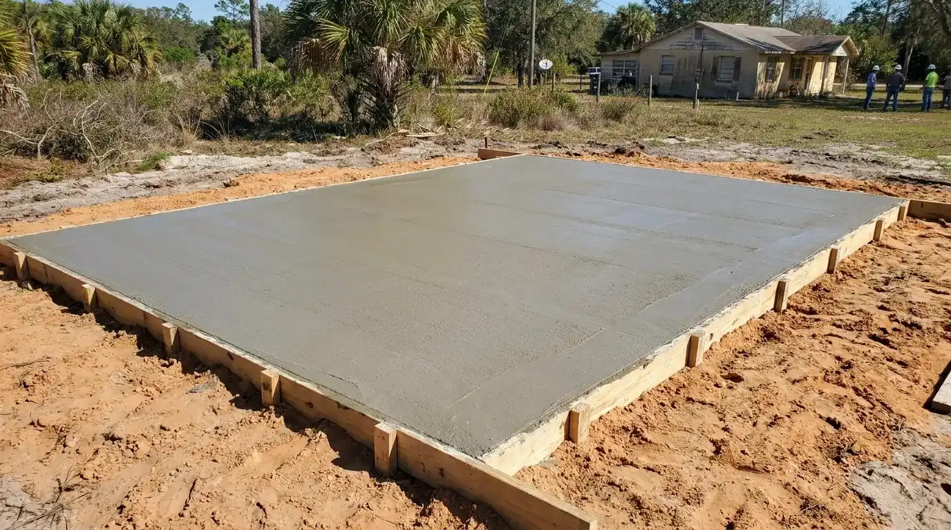 Freshly poured rectangular concrete shed pad with wood forms on sandy ground