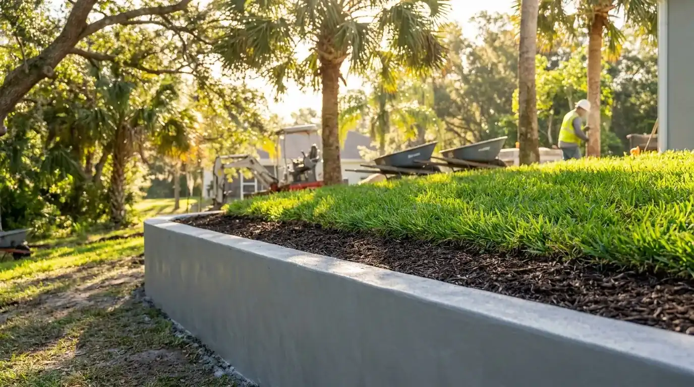 Low poured concrete retaining wall edging a raised lawn beside a residential driveway