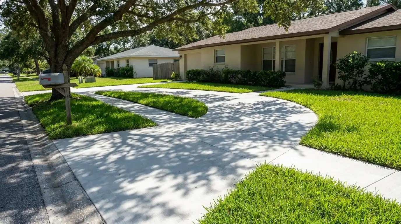 New broom-finish concrete walkway curving across a front lawn to a Florida home