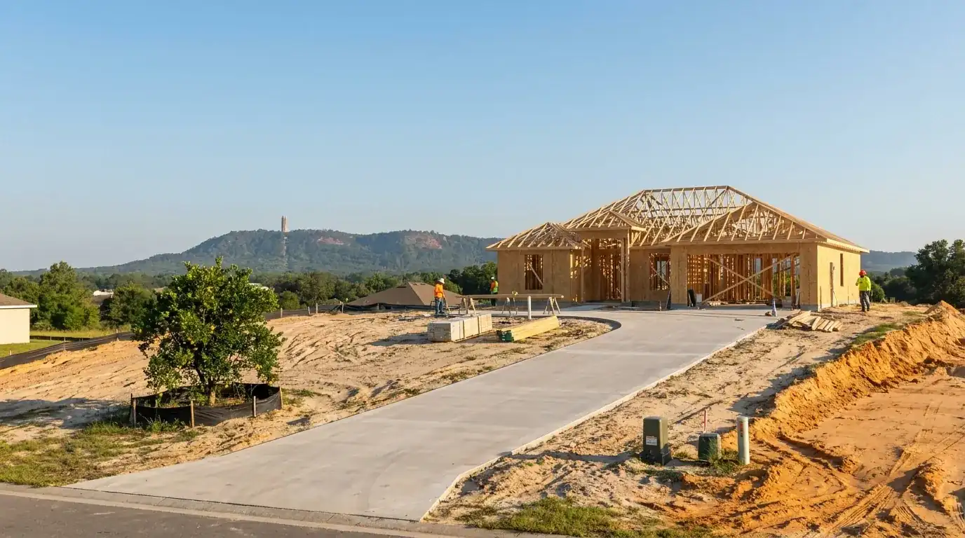 New concrete driveway leading to a framed house under construction on a sandy rural lot