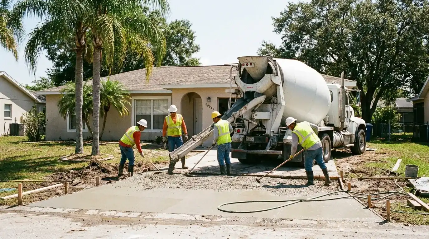 Ready-mix truck discharging concrete for a residential driveway pour in front of a home
