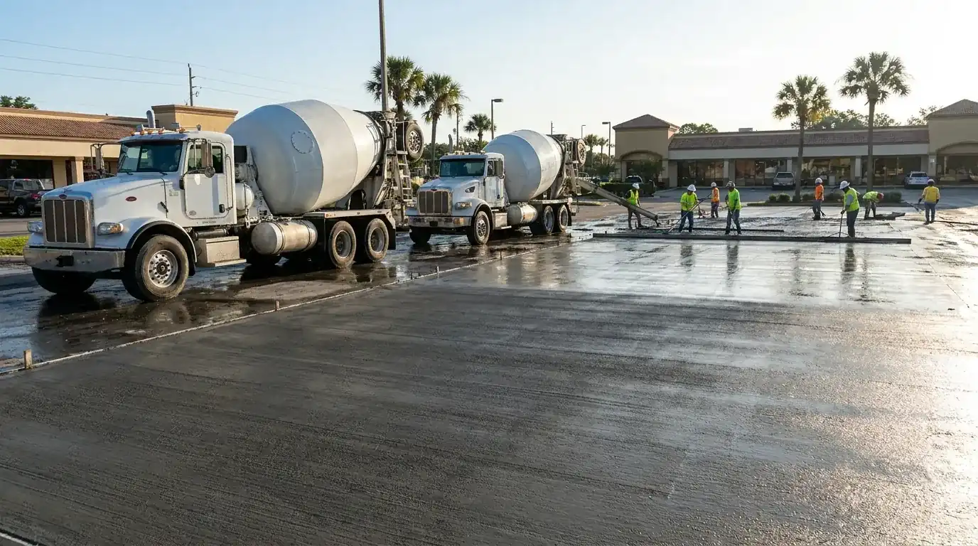 Ready-mix trucks placing a large commercial concrete parking lot slab in Florida
