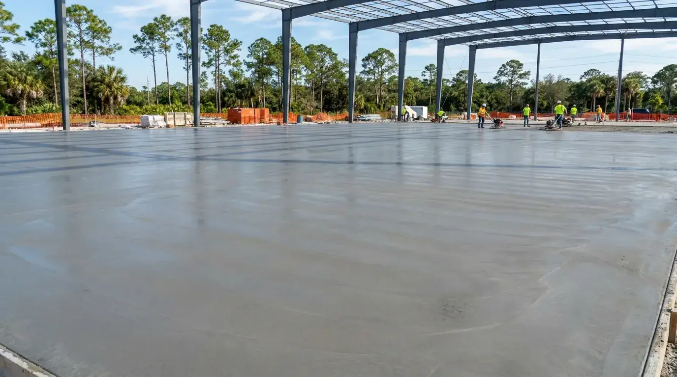 Smooth new concrete floor slab under a steel-frame warehouse building in Florida