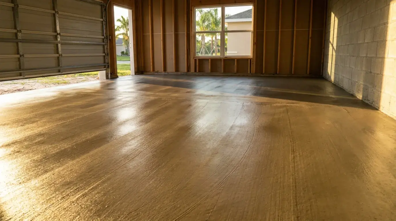 Smooth sealed concrete floor slab inside a newly framed garage with open doorways