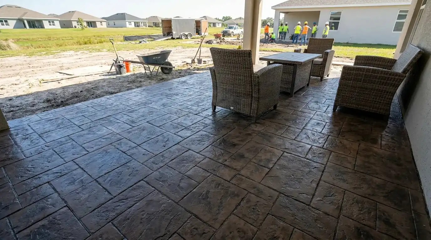 Stamped concrete patio with an ashlar slate pattern under a covered lanai
