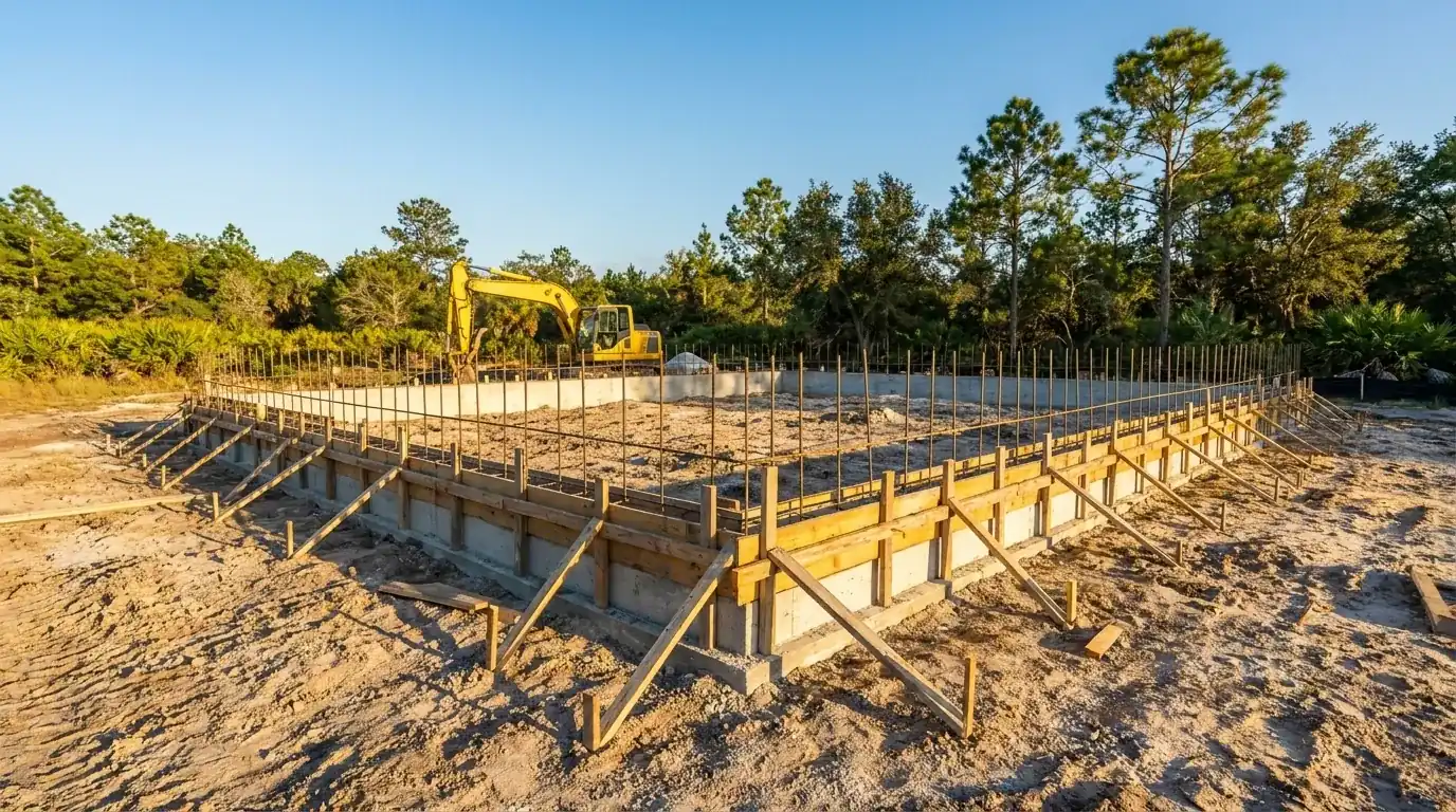 Stem wall foundation forms and footings set on sandy ground before the pour