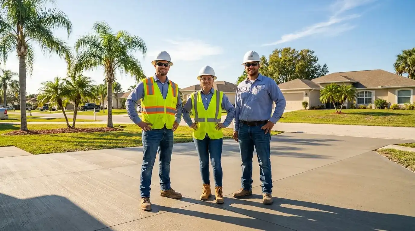 Three concrete crew members in safety vests standing on a finished residential street