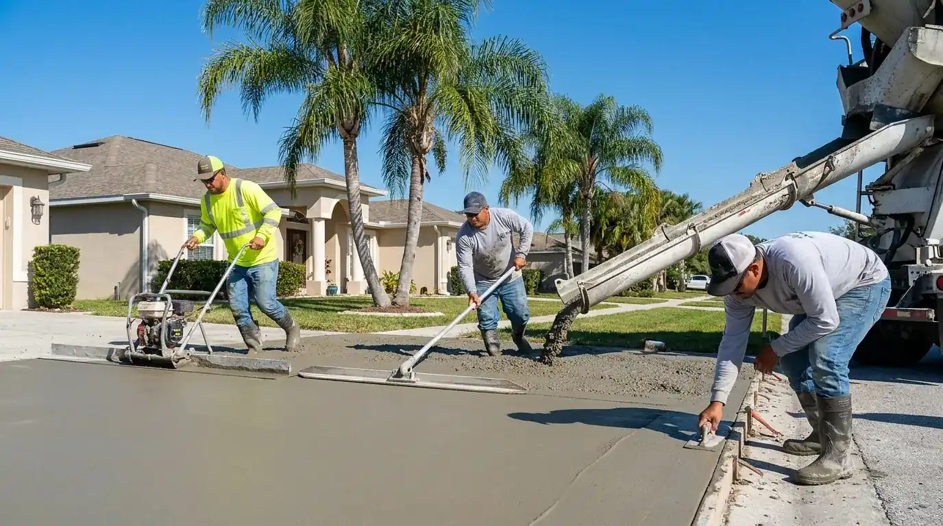 Three-person crew placing and screeding concrete from a pump hose at a home