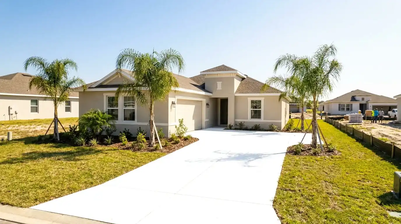 Wide new concrete driveway leading to a stucco home with palm trees in front